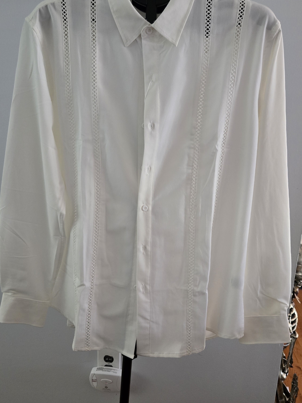 Men's White Long-Sleeve Dress Shirt with Lace Paneling